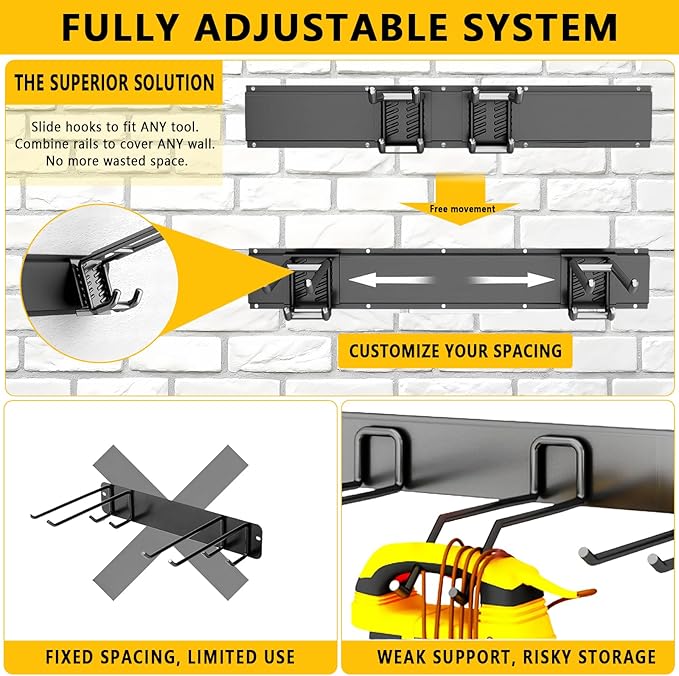 Garage Tool Organizer Wall Mount, 48inch Heavy-Duty Garage Storage System and Garden Tool Organizer with 9 Adjustable Hooks for Shovel, Snowboard, Yard Tools and Shed