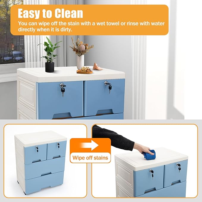 5-Layers Plastic Dresser with 6 Drawers Movable Chest of Drawers Locked Storage Cabinet Craft Organizers and Storage for Bedroom Entryway Hallyway, 19.7’’ W*13.8’’ D*40’’ H (Blue)
