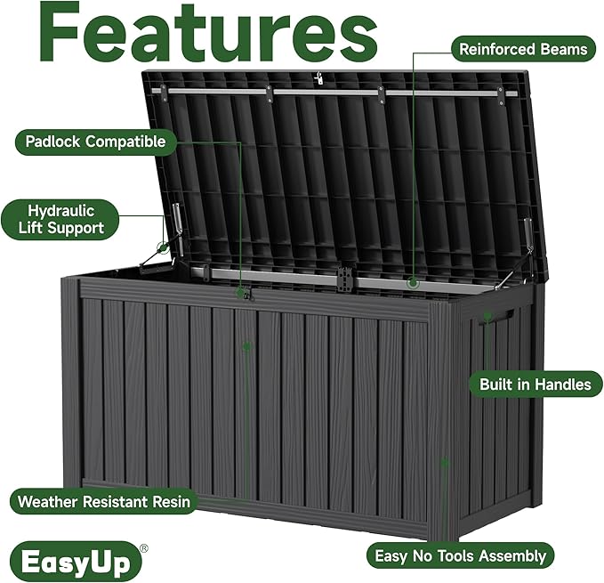 EasyUp 180 Gallon Outdoor Storage Box Waterproof, UV Resistant Resin Deck Box with Hydraulic Rod, Reinforced Stability for Patio, Garden, and Pool, Striped Black
