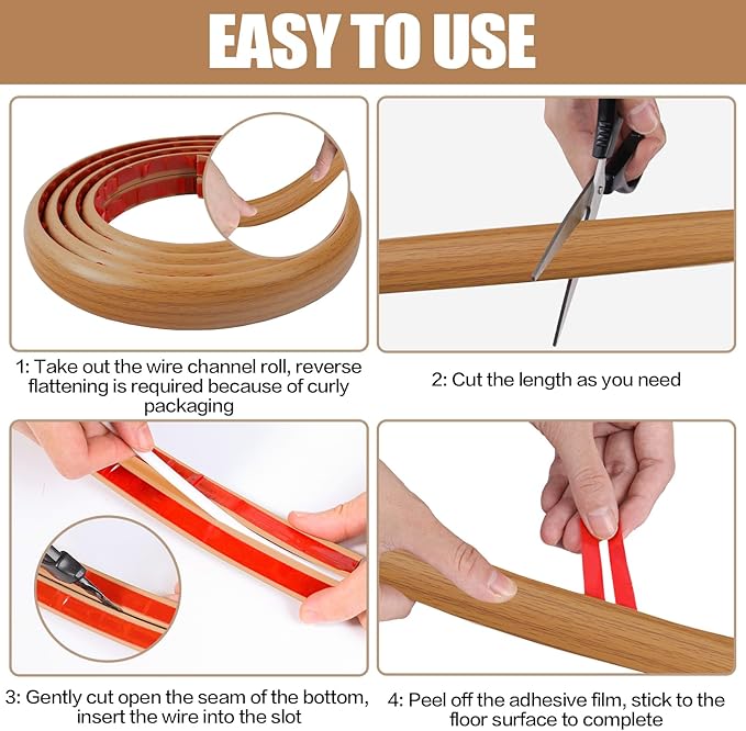Floor Cord Cover Self Adhesive Cord Hider,3.3FT Cable Management, Extension Strip Protector for Wires, Prevent Cable Trips for Offices, Gyms, Exhibitions Cavity:0.47"(W) x 0.35"(H) Brown Wood