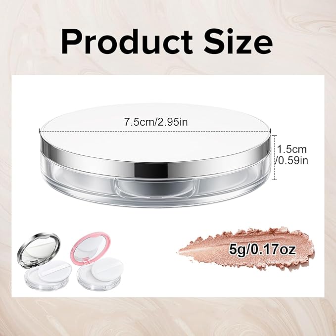 Tokusatsu 2-Pack Refillable Loose Powder Container with Puff & Mirror - 0.17 oz Travel Portable Empty Makeup Compact with Mesh for Women Girls (Pink, Silver)