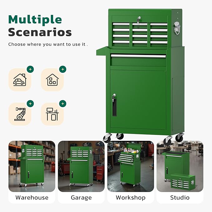 Greenvelly Tool Chest, 5-Drawer Rolling Tool Chest with Hooks and Lockable Wheels,Metal Storage Detachable Top Tool Box with Lockable Wheels for Garage,Workshop,Art Studio(Green)