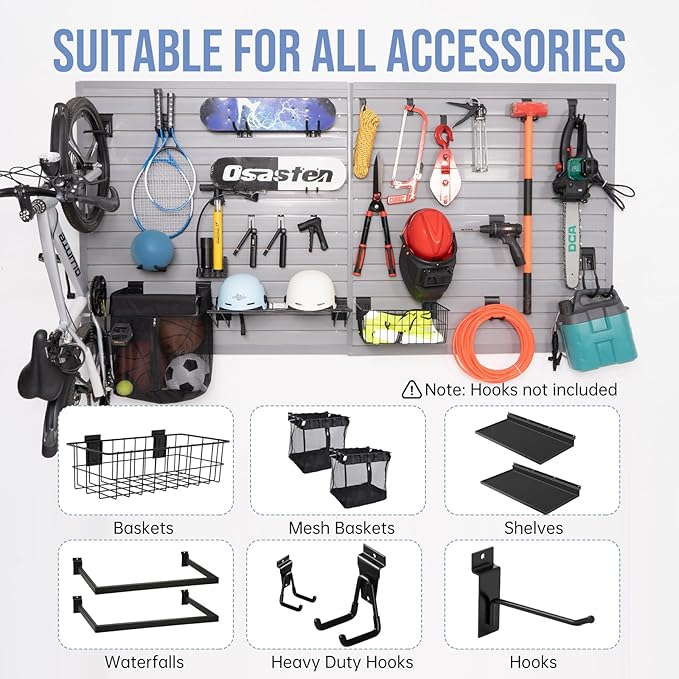 Slatwall Panels Garage Slat Wall Storage Systems 4'x4', Slat Wall Paneling Garage Wall Organizer, Grey Slat Board PVC Wall Panels Slatwall Displays Garage Tool Organizer Wall Mount Ladder Bike Rack