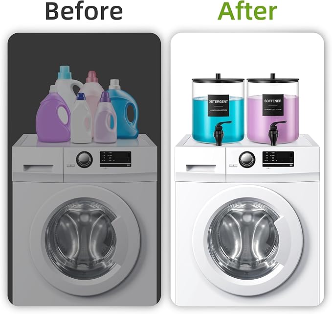 Glass Laundry Detergent Dispenser, 128 oz / 3.5L Fabric Softener Dispenser for Laundry Room Organization, Detergent Holder with Plastic Spigot (Black, 2 Pack)
