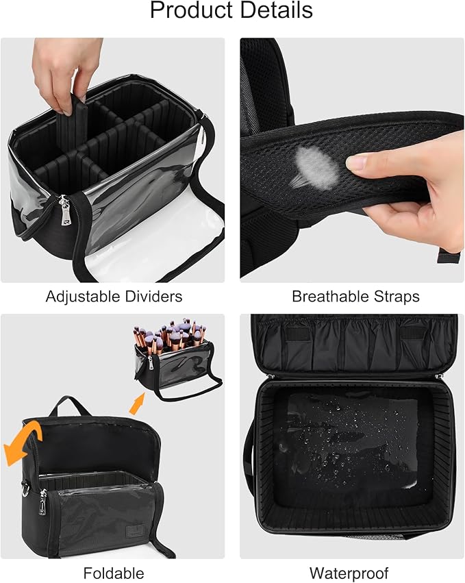 TANTO Makeup Backpack Makeup Artist Bag Professional Extra Large Cosmetic Bags Travel Train Case Storage Organizer Double-Layer Cosmetic Case with 4 Pouch and Brush Organizer (Black, two piece)