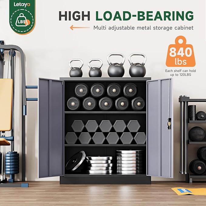 Letaya Metal Storage Cabinets with Lock Door,2 Adjustable Shelves Organizer Steel Storage Cabinets for Home,Office,Warehouse,Garage,Employee Lockers(Black Gray)