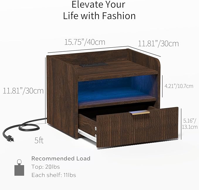 Floating Nightstand with Charging Station and LED Lights (Walnut Brown)