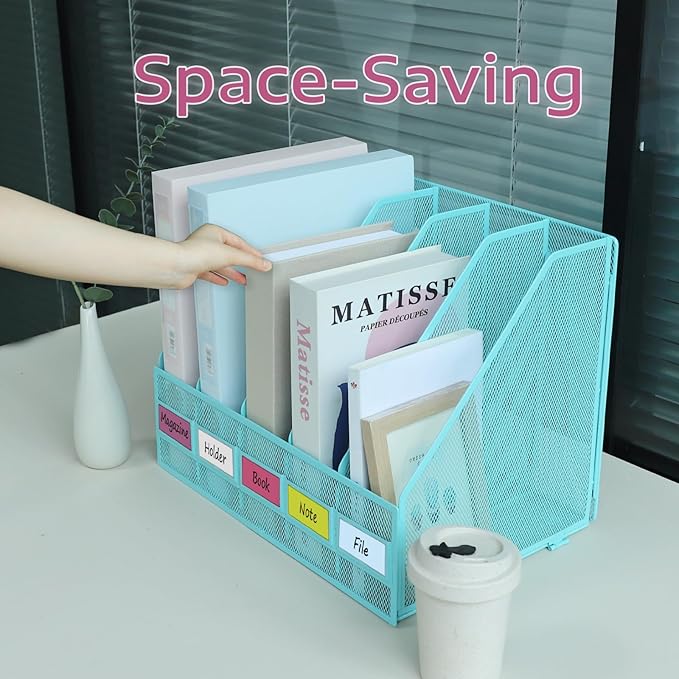 Desk Organizers, Metal Magazine File Holder with 5 Vertical Compartments Rack Binder File Organizer for Office Supplies, Home Workspace - Blue