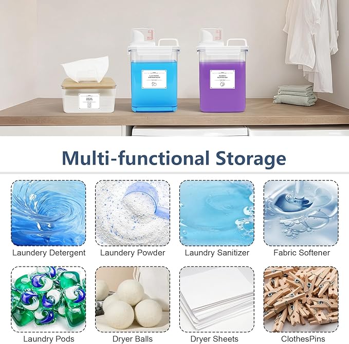 2+1 Pack Laundry Detergent Dispenser and Dryer Sheet Holder Set, 61 oz Laundry Soap Dispenser, Plastic Liquid Fabric Softener Dispensers for Laundry Room Organization with 12 Labels