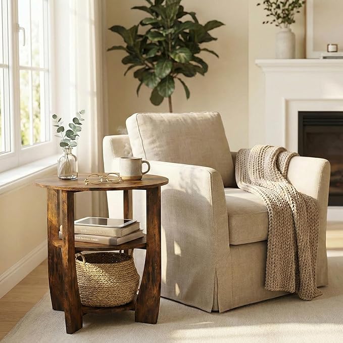 Rustic Brown Round Side Table, 3-Tier End Table with Storage Shelves, Farmhouse Nightstand for Bedroom, Small Accent Table for Living Room Sofa, 19.7" D x 21.7" H