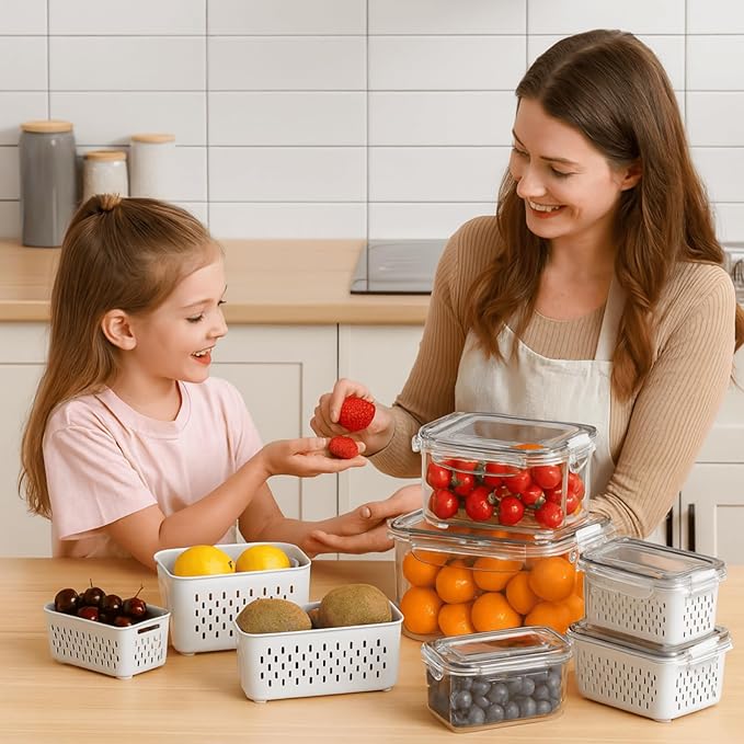 4 Pack Food Storage Containers with Lids – Refrigerator Organizer with Removable Colander & Drain Basket, Airtight Produce Saver for Fruits & Vegetables