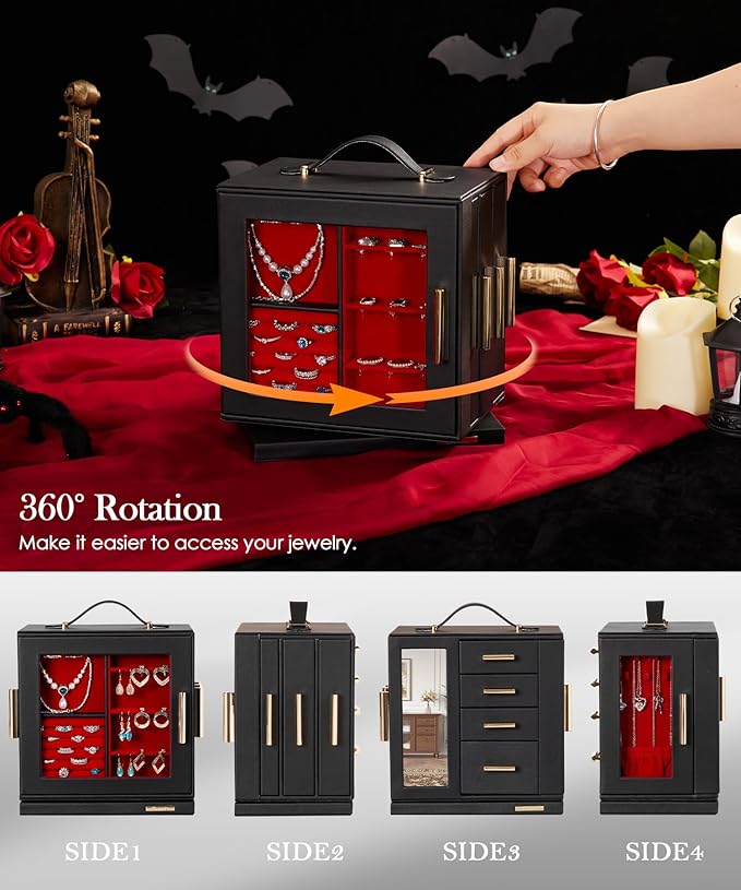 Homde Christmas Gifts Jewelry Box 360° Rotating, Necklace Earring Organizer with Transparent Window, Mirror, 7 Drawers, Large Ring Display Storage Case for Girls Women (Black + Red)