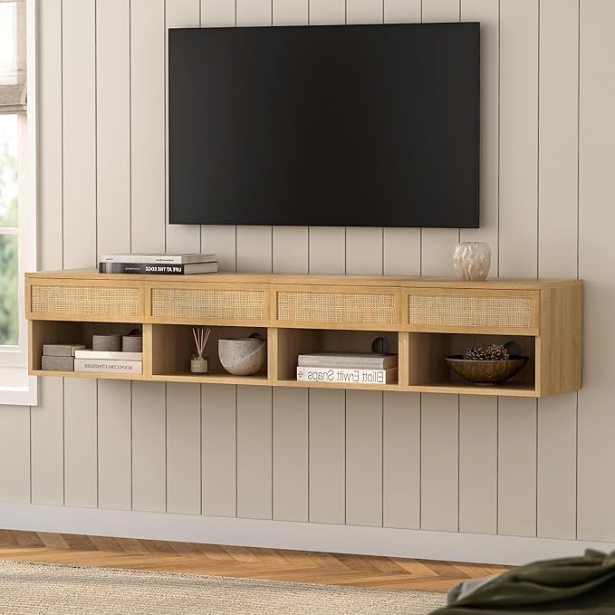 Rattan Floating TV Stands Set of 4, Wall Mounted Nightstands with Drawer and Open Compartment Modern Wood Bedside Night Stand Storage Cabinet for Living Room Bedroom, Natural Oak
