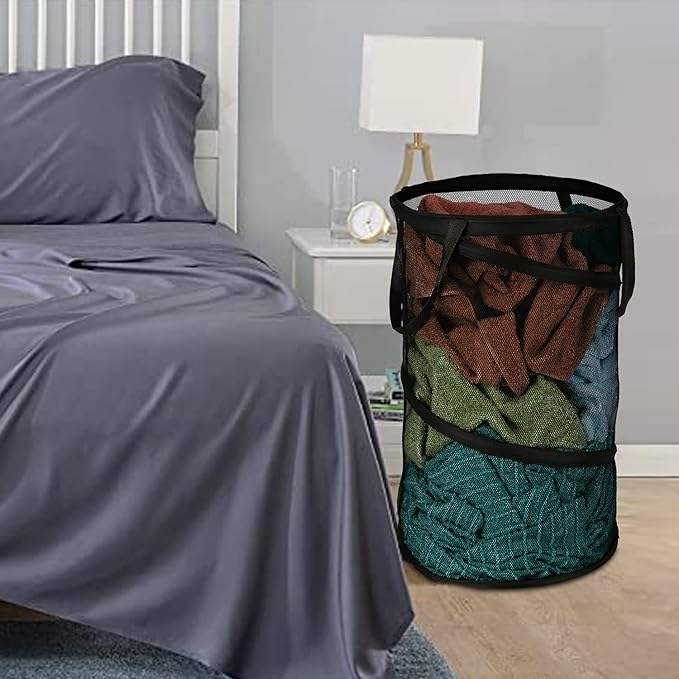 BATTOO 2 Pack Large Collapsible Laundry Basket Foldable Mesh Pop Up Hamper with Handles for Laundry Room, Bathroom, Kids Room, College Dorm, Travel, Storage Organizer Black