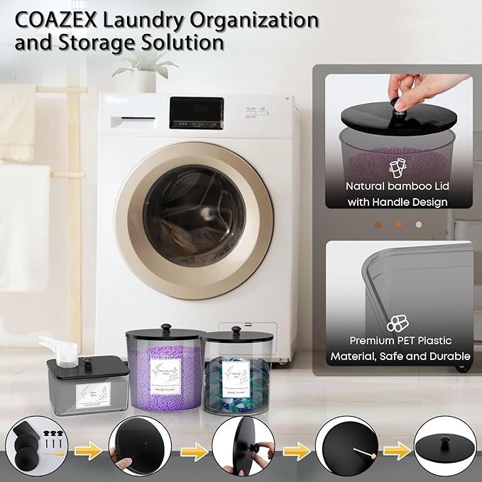 3 Pack Laundry Powder Container & Dryer Sheet Holder, Plastic Laundry Room Organization and Storage Jars with Lids, Labels & Scoops for Powder, Detergent, Scent Booster (Black)