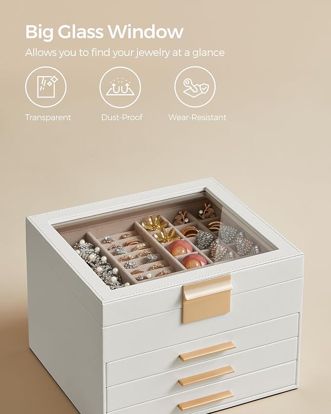 SONGMICS Jewelry Box Organizer with Glass Lid, 4-Layer Jewelry Storage, with 3 Drawers, Modern Style, Christmas Gift, 8 x 9.1 x 6.5 Inches, Cloud White and Gold Color UJBC173W01