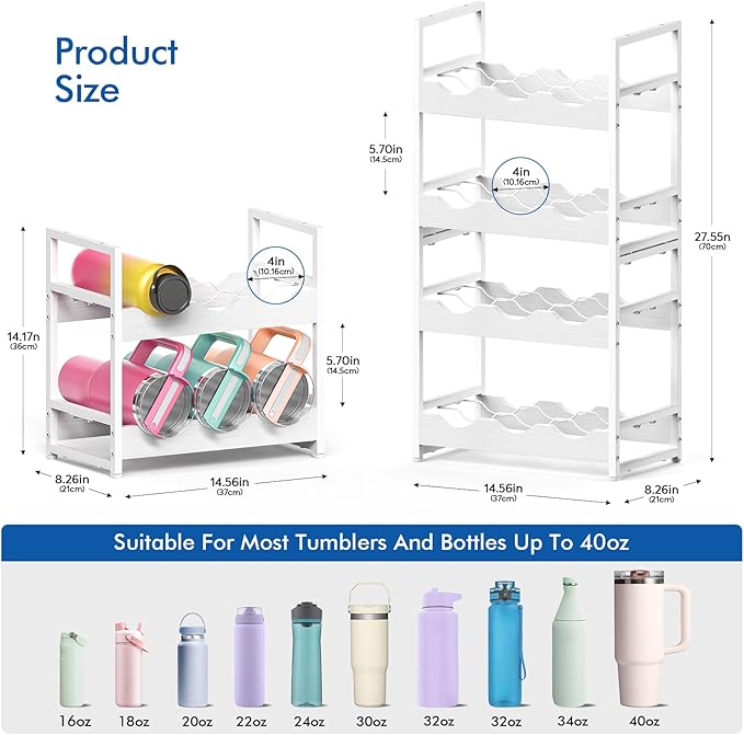 Wooden Water Bottle Organizer, 20/30/40oz Tumbler Organizer, Bottle Holder for Owala/Yeti/Stanley, Kitchen Pantry Water Bottle Storage Rack for Cabinets, Wood Wine Rack, 4 Tier Hold 12