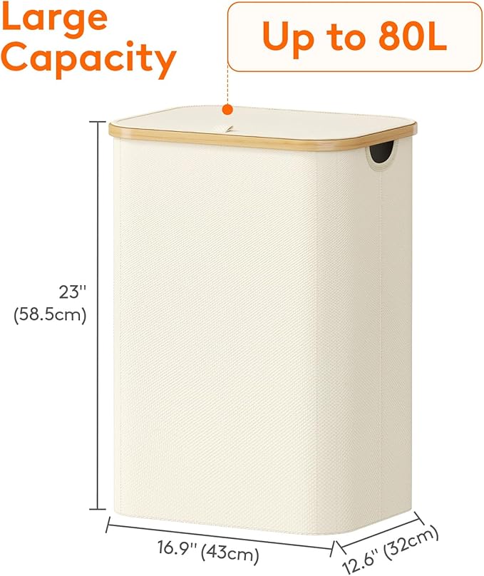 Lifewit 80L Laundry Basket with Lid, Clothes Hampers with Bamboo Handles and A Removable Laundry Bag, Large Foldable Hamper for Bedroom, Bathroom, Dorm, LaundryRoom, White