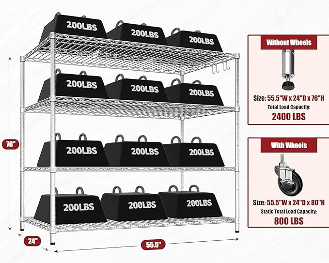 PrimeZone 4 Tier 55.5" Wx24 Dx76 H Wire Shelving with Wheels 2400lbs NSF Certified Storage Shelves Heavy Duty Metal Shelf Adjustable Rolling Rack Commercial Garage Restaurant Warehouse Kitchen 8Pack