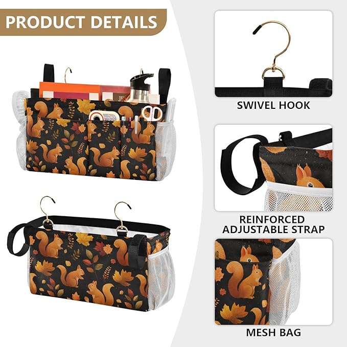 Black Orange Squirrel Leaves Falling Bedside Caddy for Dorm Bed Bedside Hanging Caddy Bag Iron Frame Storage Organizer Pocket for Bunk Home College Hospital Beds 2 Hooks