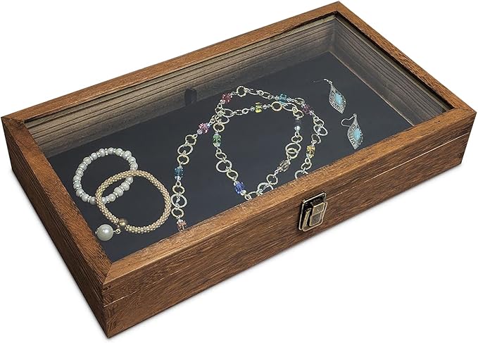 MOOCA Glass Top Wooden Jewelry Display Case with Removable Black Luxurious Velvet Jewelry Display Pad, Deeper 2.75-Inch Design for Taller Collectibles, Brown Color