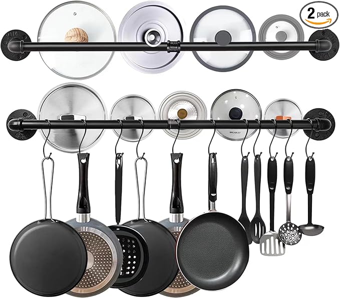 Industrail Pipe Pot Pan Rack, Wall mount Pot hangers Pan Haniging Rail Lid Hnager for kitchen with S Hooks (39"-2 Pack)