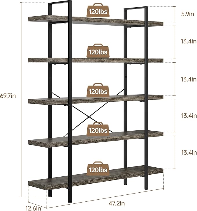 Bookshelf Set, Heavy Duty 5-Tier Industrial Bookcase, 47" Wide Wood Bookshelf for Home Office, 120lbs Shelf Capacity, Rustic Open Display with Horizontal Shelf for Living Room Bedroom, Grey