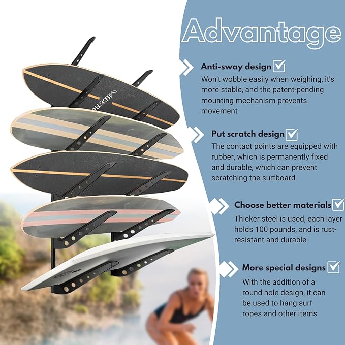 Snowboard Wall Mount, Adjustable 5/6 Board Surfboard Rack, Surfboard Wall Hangers for Surfboard, Wakeboard, and Snowboard Storage at Home or Garage