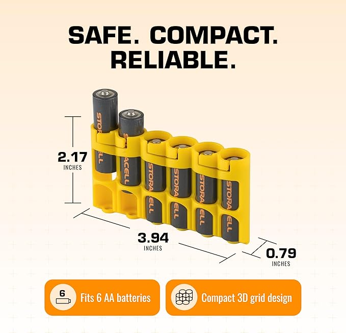 Storacell Slimline AA-6 Battery Storage Caddy and Dispenser (Pack of 2), Yellow, Holds 6 AA Batteries (Not Included), Durable & Compact Design, The Original Battery Caddy, Made in The USA