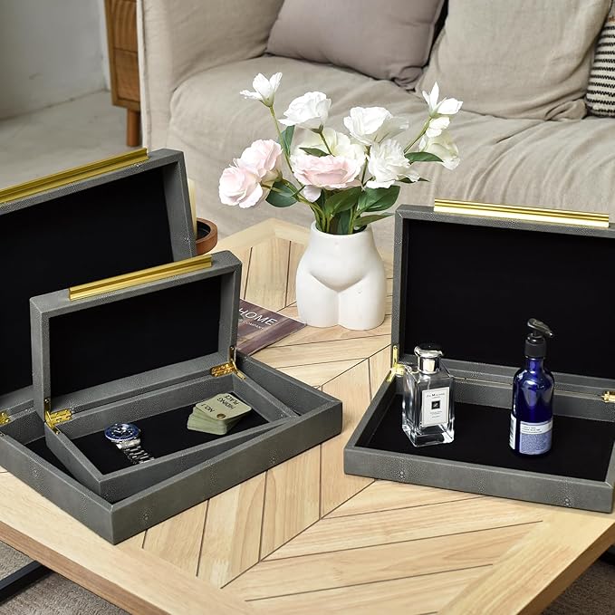 Faux Shagreen Leather Jewelry Storage Boxes Set of 3 with Gold Handles, Velvet Lined Stackable Organizer for Women, Vanity, Dresser, Gift, Grey