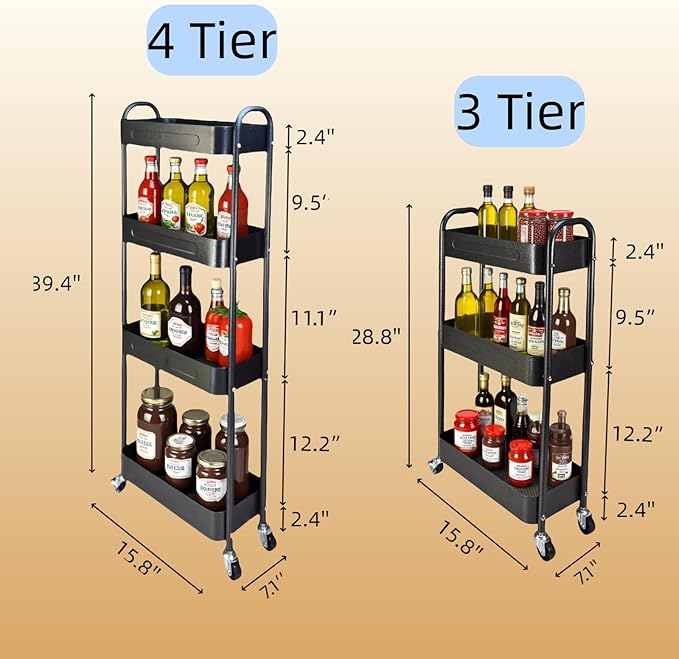 3 Tier Slim Metal Rolling Storage Cart for Laundry Room & Kitchen Organizer, 7.1'' Thin Standing Shelf for Narrow Spaces, Utility Cart with Wheels & Lockable Casters for Bathroom, Black