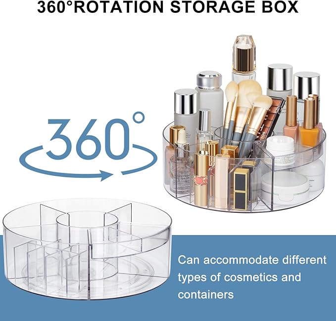 360° Rotating Makeup Organizer, 10" Clear Turntable Lazy Susan Organizer for Vanity, Bathroom Counter, Cabinet, Spinning Cosmetic Storage Holder with 6 Dividers for Skincare, Makeup Brushes, Lipsticks