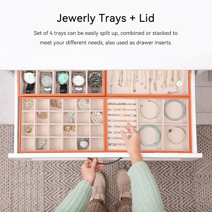 Voova Stackable Jewelry Organizer Tray with Lid, PU Leather Jewelry Storage Holder for Drawer Inserts, Jewellery Display Box Case for Earring Necklace Ring Watch Bracelet (Set of 4, Orange)