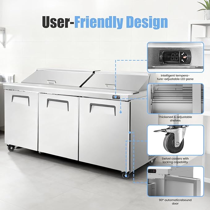 72" W Commercial Refrigerator Sandwich Salad Prep Table, Stainless Steel 3-Door Sandwich Prep Table Refrigerator, Counter Fan Cooling Refrigerator with 30 Pans for Restaurant, Bar