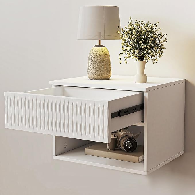 Vibe & Dine Floating Nightstand Set of 2, Wall Mounted Night Stand with Spiral Pattern Design, Modern Bedside Tables with Drawers for Bedroom, Easy Assembly, White