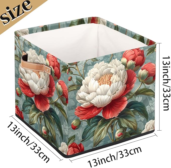 TropicalLife 13x13x13 Inch Large Fabric Storage Cube Retro Rose Foldable Storage Bin with Handles Organizer Boxes Cube Basket for Shelves Organizing Closet