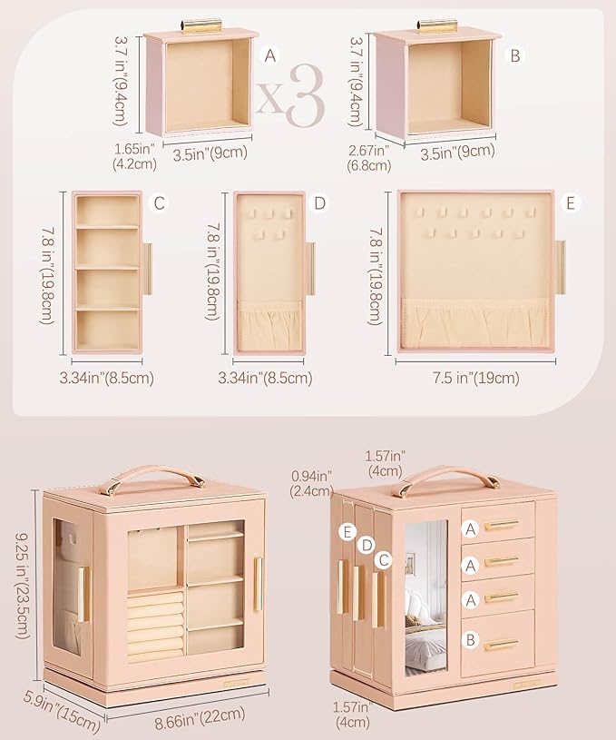 Homde Christmas Gifts Jewelry Box 360° Rotating, Necklace Earring Organizer with Transparent Window, Mirror, 7 Drawers, Large Ring Display Storage Case for Girls Women (Peach Pink)