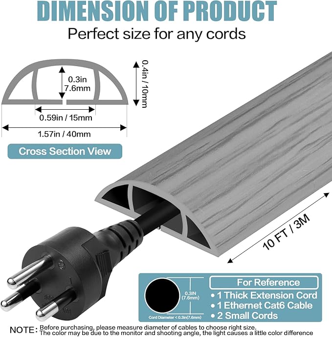 Floor Cord Cover Self Adhesive Cord Hider,10FT Cable Management, Extension Strip Protector for Wires, Prevent Cable Trips for Offices, Gyms, Exhibitions Cavity:0.51"(W) x 0.3"(H) Gray Wood