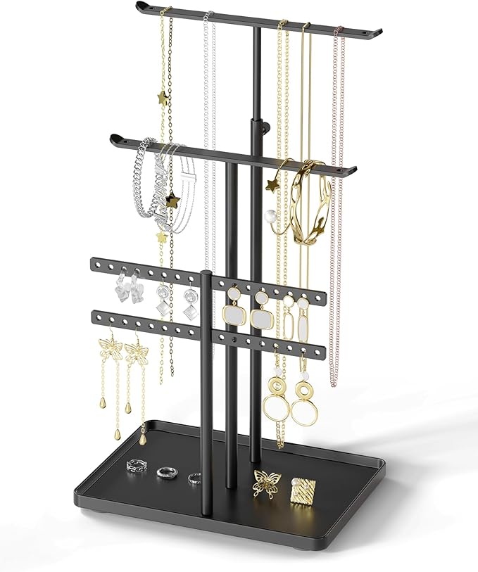 Jewelry Holder Organizer Stand - Adjustable Jewelry Tree 17.5" Height (Max), Jewlery Hanger for Necklaces, Bracelets, Earrings, Aesthetic for Storage and Display, Metal, Black
