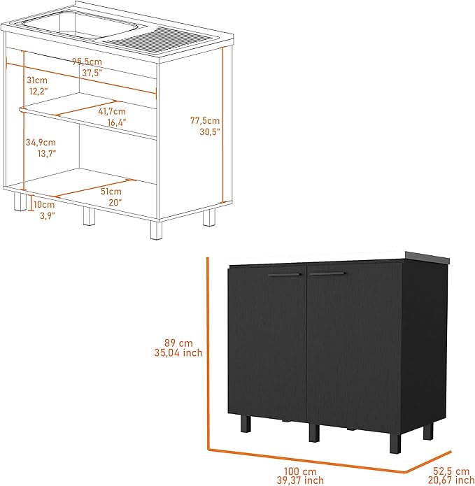 Oklahoma 2 Utility Sink & Cabinet, Interior Shelf, Aluminum Countertop,Black -Kitchen Room