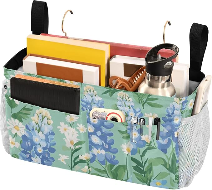 Mint Green Bluebonnet and Daisies Bedside Caddy for Dorm Bed Bedside Hanging Caddy Bag Iron Frame Storage Organizer Pocket for Bunk Home College Hospital Beds 2 Hooks
