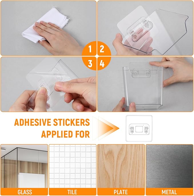 6 Pcs Clear Adhesive Wall Storage Bins, Small Cabinet Door Organizer Holders, Hanging Wall Mount Pockets, Plastic Cups for Shower Bathroom Makeup Office Craft Remote Kitchen Sink RV Organization