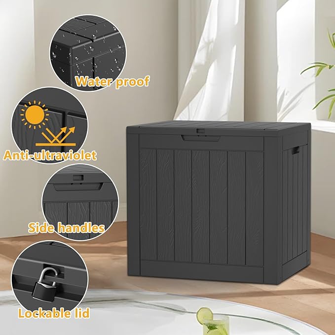 33 Gallon Outdoor Deck Box,Storage Lockable Waterproof Patio Furniture,Garden Tools,Cushions,Pool Accessories Outside Storage Resin Box(Black)