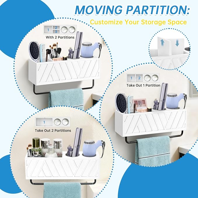 Hair Tool Organizer Wall Mounted with Towel Bar, Wood Hair Dryer and Styling Holder for Bathroom, Vanity Caddy Storage Stand for Storage Bathroom Accessories, Flat Iron, Blow Dryer, Brushes(White)