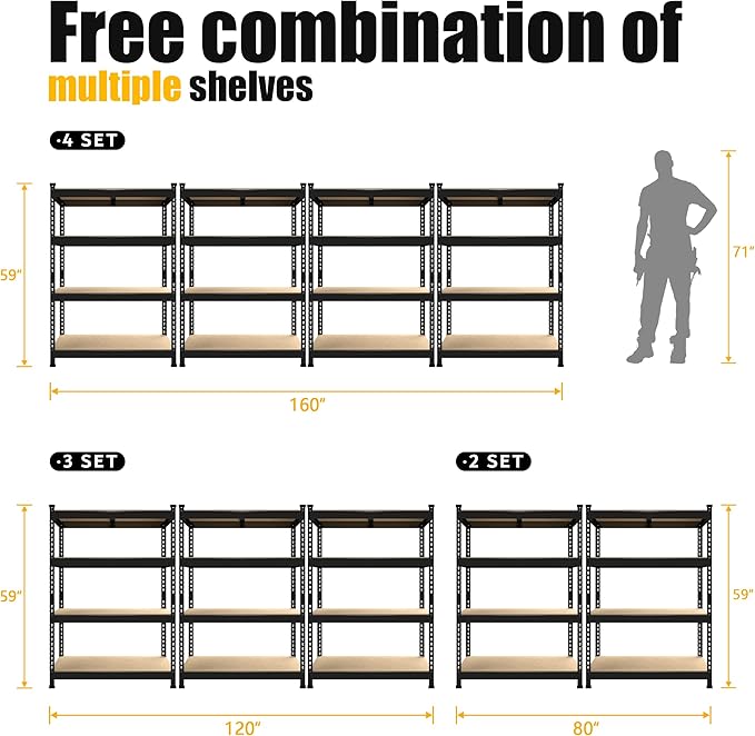 PrimeZone 40" W x 20" D x 59" H Heavy Duty Storage Shelves, 4 Tier Adjustable Garage Shelving Unit, Metal Organizer Shelf Utility Rack for Warehouse Pantry Closet Kitchen, Black, 3 Pack