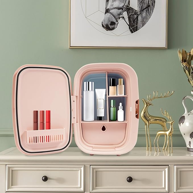 Mini Skincare Fridge,12L Makeup Cosmetics Refrigerator Beauty Fridge for Cosmetic Storage Skincare Fridge Portable Small Refrigerator for Cosmetics, Skin Care (Pink, Without ED Light Mirror)