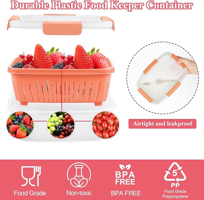 68oz Berry Keeper Fruit Storage Container for Fridge, Fresh Food Produce Saver Containers with Removable Drain Colanders, Vegetable Lettuce Keeper Bowl, Refrigerator Organizer, PRESS TO OPEN CLOSE LID
