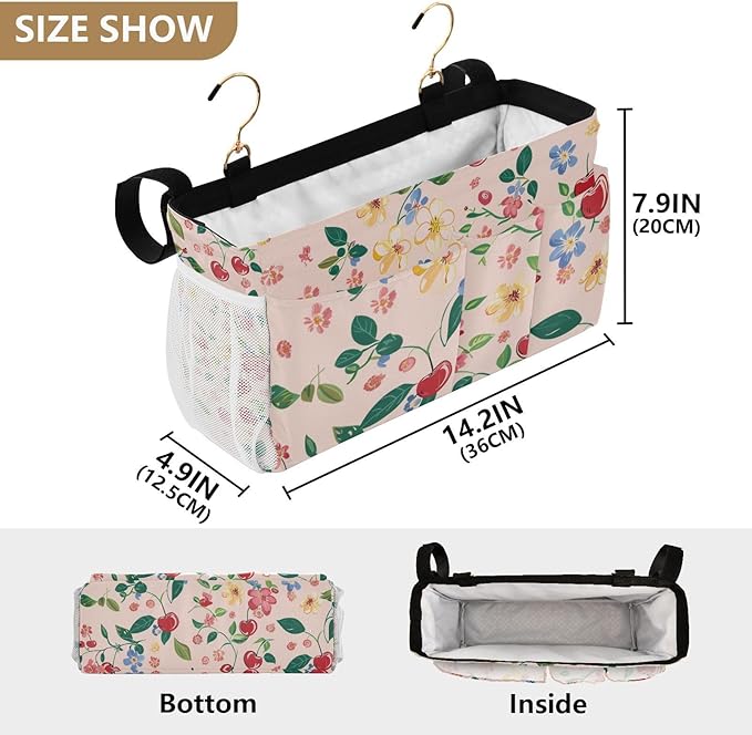 Cute Cherry Blue Flowers Bedside Caddy for Dorm Bed Bedside Hanging Caddy Bag Iron Frame Storage Organizer Pocket for Bunk Home College Hospital Beds 2 Hooks