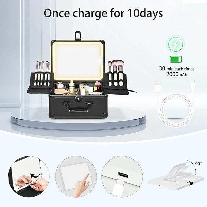 Makeup Case with Lighted Mirror, Makeup Box Organizer with Detachable LED Mirror, Travel Makeup Train Case, Waterproof Cosmetic Organizer, Standing Makeup Brush Holder, Gift, Black