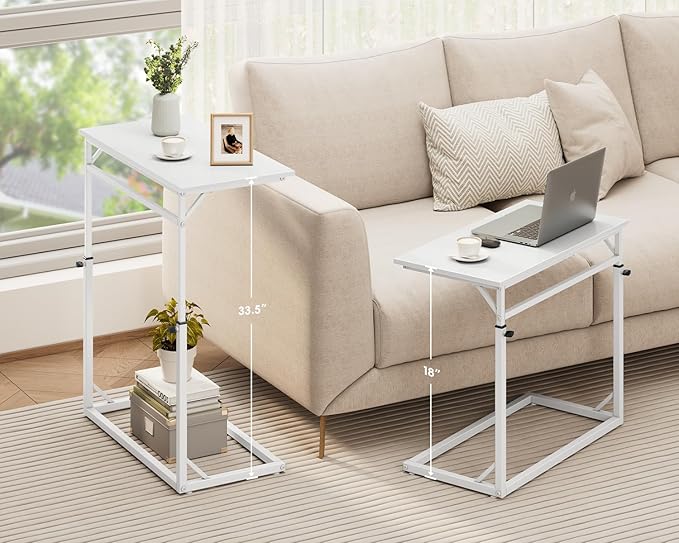 Vagusicc C Shaped End Table, Tall Side Table for Couch, C-Table End Table Adjustable Height Side Table, Large Surface Sofa Table TV Tray, Slide Under Couch Table for Sofa, Living Room, Bedroom, White